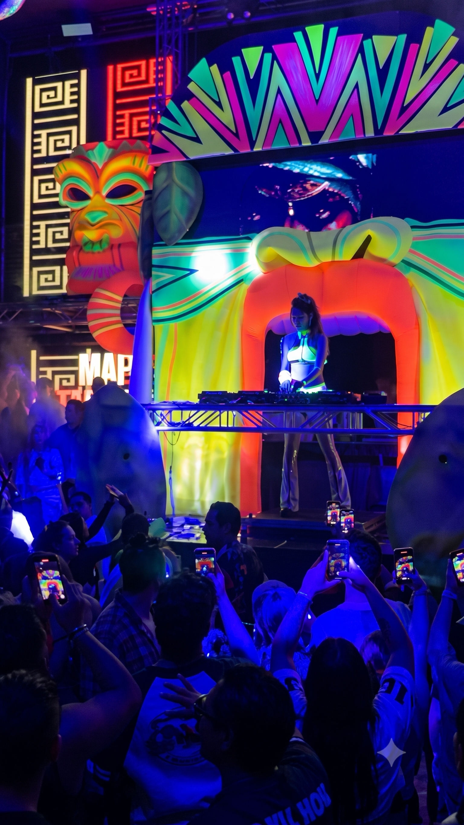 Decoración temática neón para evento en antro Babel, Kayola Escenografías Guadalajara México